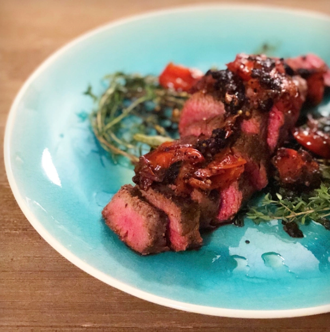 Seared Flank Steak in Herbed Brown Butter Sauce with Tomato Garlic Chutney