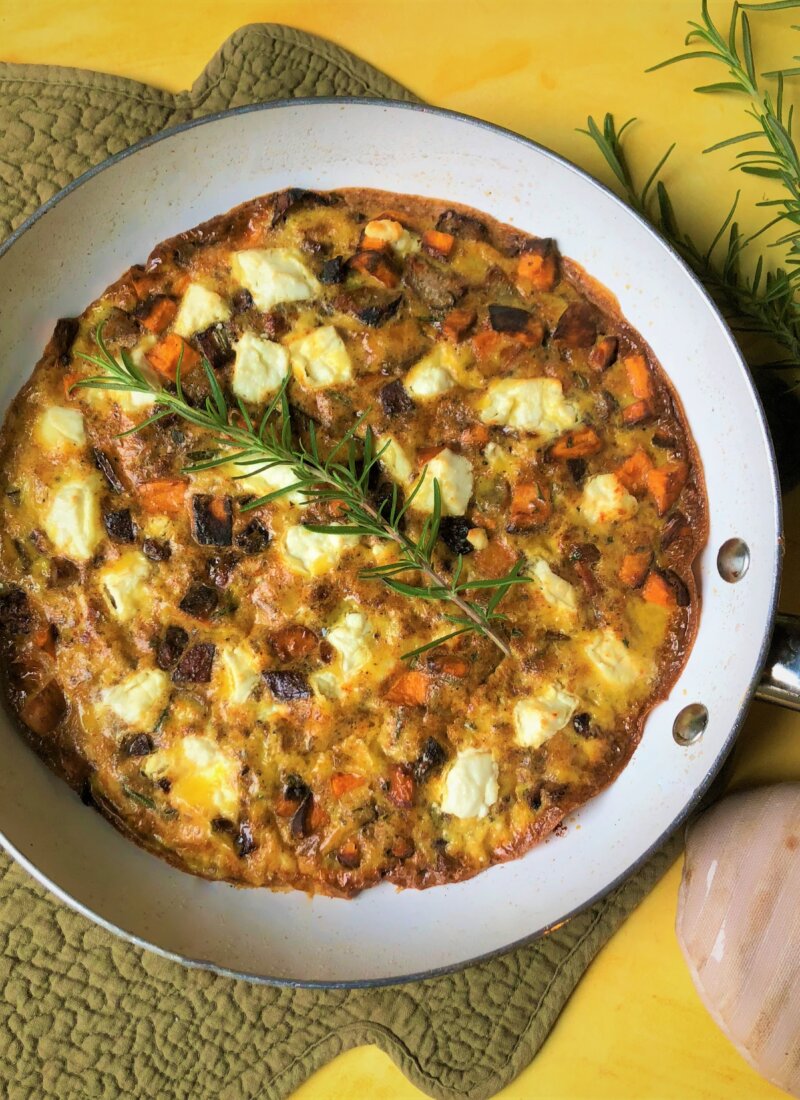 Roasted Sweet Potato, Chicken Sausage, and Goat Cheese Frittata