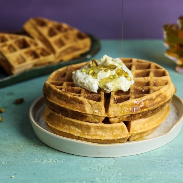 Jalebi Waffles with Pistachio Whipped Cream & Saffron Maple Syrup