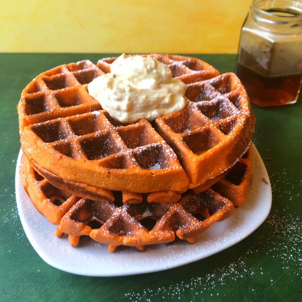Jalebi Waffles with Saffron Maple Syrup and Pista Whipped Cream - The ...